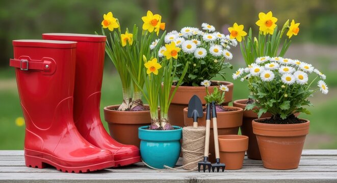 Vibrant red boots and potted flowers signal spring gardening season beginning