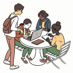 Diverse group of students collaborating on a project using a laptop and notebooks at an outdoor table