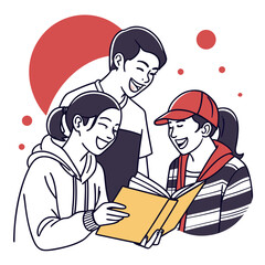 Three diverse young friends laughing together while reading a book outdoors with abstract red circles in the background