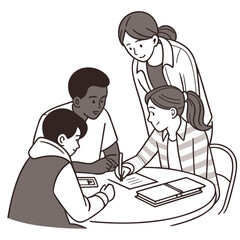 Diverse group of children and an adult collaborating on a project at a round table