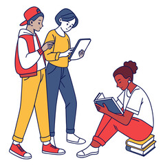 Diverse group of young people engaged in learning and technology use in a modern flat illustration style