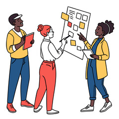 Diverse team collaborating on a project using a whiteboard with sticky notes and planning tasks together