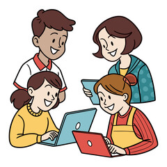 Diverse group of smiling children and a teacher collaborating and learning together using laptops and a tablet