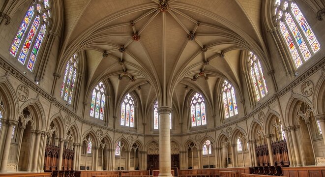 Interior of a Gothic Church with Stained Glass Windows and Vaulted Ceiling. - Powered by Adobe
