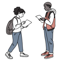 Diverse young students with backpacks reading papers and interacting outdoors in a simple line art style