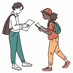 Two diverse young people holding papers and backpacks one standing and one walking engaged in conversation or learning