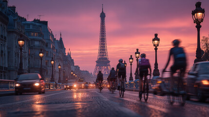 Eiffel Tower Sunset Street Scene