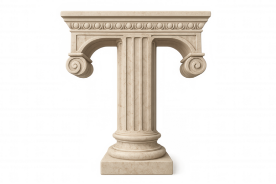 Beige stone column with capital and transparent background forming the letter t, perfect for architectural visualization or historical projects