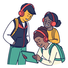 Diverse group of young students wearing headphones and looking at a tablet together outdoors