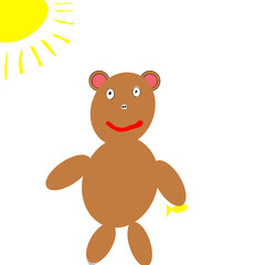 Hand-drawn creative bear character happily standing under a bright sun, holding a fish in a playful and colorful illustration
