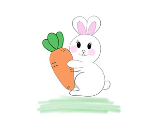 Hand-drawn, charming rabbit cheerfully holds a large carrot in a whimsical illustration filled with playful colors and delightful character. Coloring page