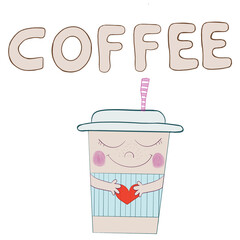 Creative hand-drawn illustration of a cheerful coffee cup character holding a heart in an artistic representation of love for coffee.
