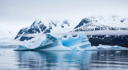 Majestic icebergs floating in calm arctic waters reflecting the icy mountain landscape above