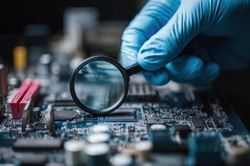 Close-up of a hand in blue gloves inspecting a circuit board with a magnifying glass