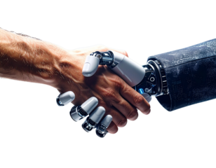 Digital Technology Concept: Robot and Human Hand Shaking PNG