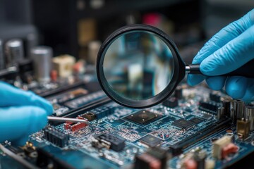 Close-up of technician inspecting circuit board