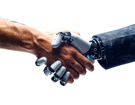 Digital Technology Concept: Robot and Human Hand Shaking PNG