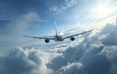 Airplane soaring through fluffy clouds