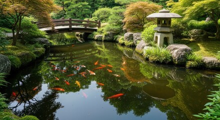 Fototapeta premium Japanese Garden with Koi Pond and Stone Lantern
