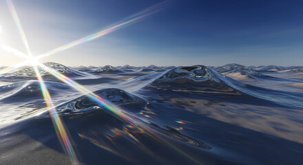 A surreal landscape of a world made of ice and glass that reflects the morning sunlight. It creates a bizarre yet beautiful scenery, reminiscent of a dreamlike state.