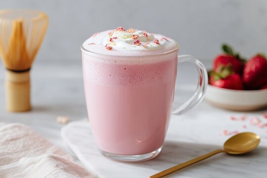 Freshly whipped strawberry matcha latte in a clear glass mug, topped with whipped cream and strawberry pieces, surrounded by fresh strawberries and a bamboo whisk