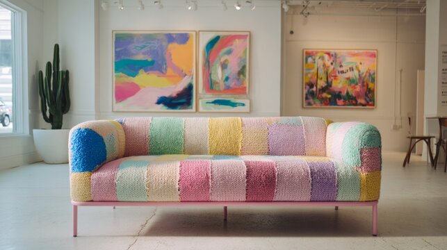 Colorful couch showcased in a contemporary art gallery during a bright afternoon
