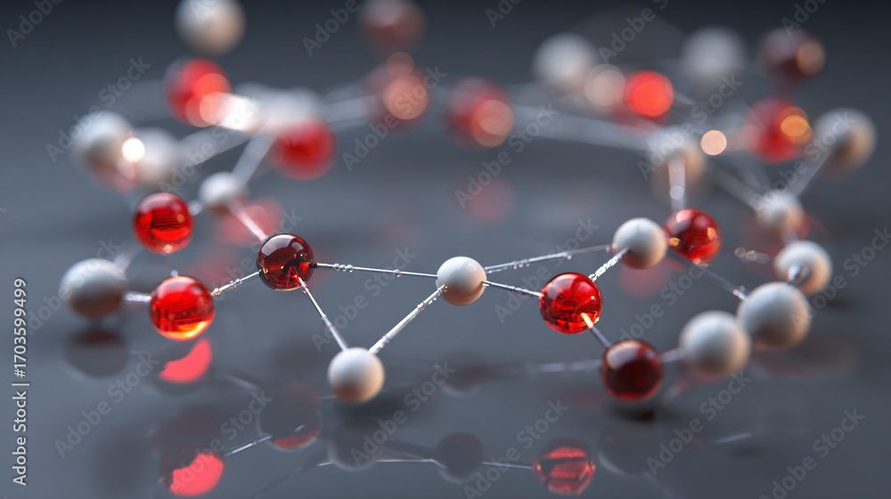 Poster red and white spheres connected by thin wires forming a complex network a molecular structure model