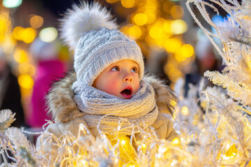 Child looking at white Christmas tree with garland