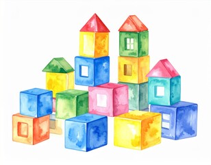 Pile of Colorful Watercolor Toy Blocks Arranged on a White Background for Creative Play and Education