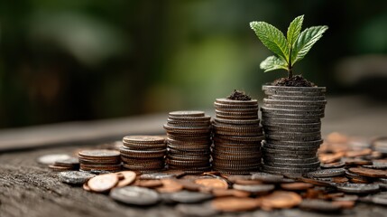 A Compelling Visual Metaphor of Financial Growth Small Plant Emerging from a Pile of Coins, Symbolizing LongTerm Investment Success.