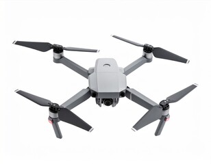 Overhead Shot of Gray Quadcopter Drone with Four Propellers on White Isolated Background