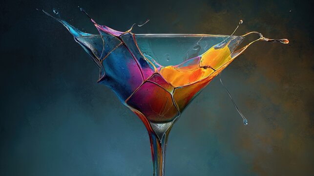 An abstract visualization of a vibrant colorful cocktail glass slowly cracking and draining of its color against a dark background.