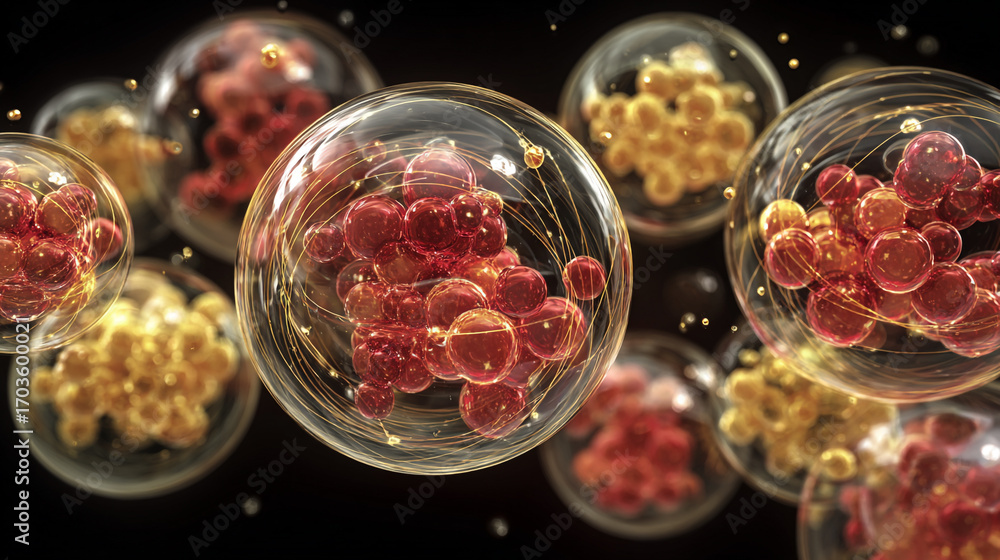 Aufkleber red and gold spheres in translucent orbs floating dark background abstract science image