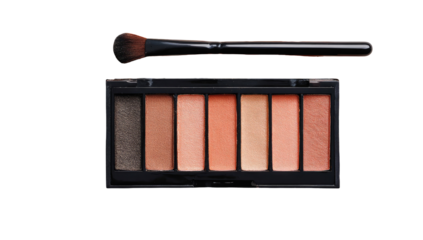 Eye shadow palette with brush.  A black plastic palette with rows of peach and taupe eye shadows. A makeup brush lies beside it