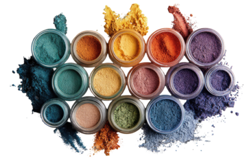 Colorful eyeshadows in small jars, scattered powder