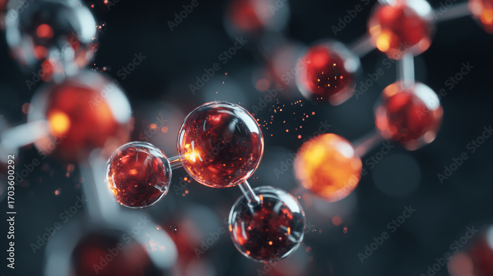 Poster glowing red spheres connected by thin rods forming a complex molecular structure a 3d render