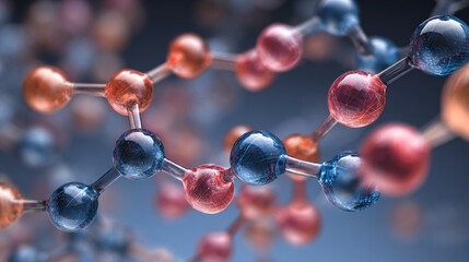 Abstract molecular structure red and blue spheres connected by bonds science technology concept