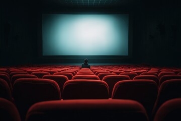 Fototapeta premium Empty movie theater. A single person sits alone in a large auditorium