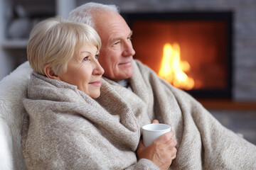 Grandparents under a blanket by the fireplace
