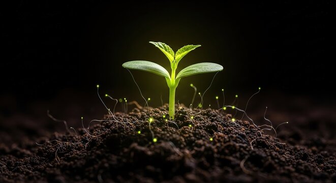 Glowing Sprout Emerges from Dark Soil with Luminous Fungal Stran