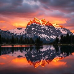 Fototapeta premium Sunset glow on snowy mountain peak