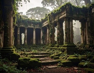 Ancient ruins overgrown with moss detailed photography weathered stone columns jungle temple forgotten history