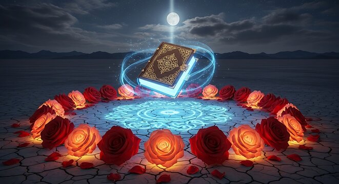 Mystical Magic Book Floating in a Circle of Roses.