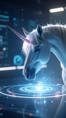 Digital unicorn in futuristic setting