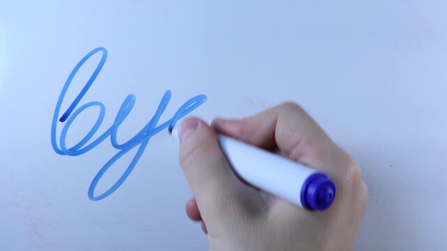 writes bye-bye in English on the whiteboard with a blue marker