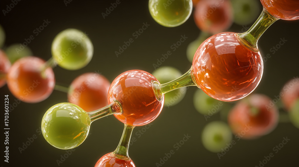 Poster abstract molecule model with orange and green spheres connected by rods showing a 3d structure