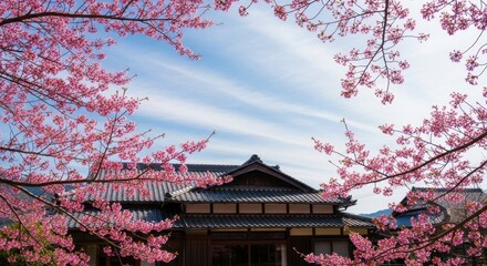 Fototapeta premium Sakura Blossoms Frame Traditional Japanese House