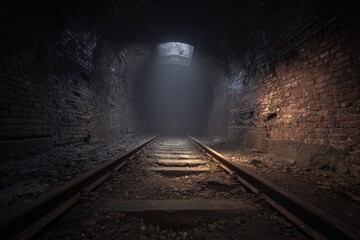 Dark tunnel with railway tracks
