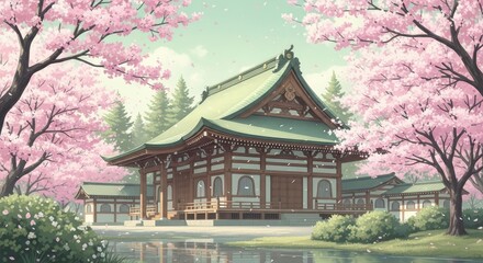 Japanese Temple in Cherry Blossom Landscape, Anime Style