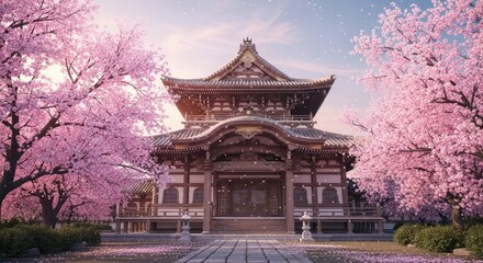 Fototapeta premium Japanese Temple with Cherry Blossoms in Spring